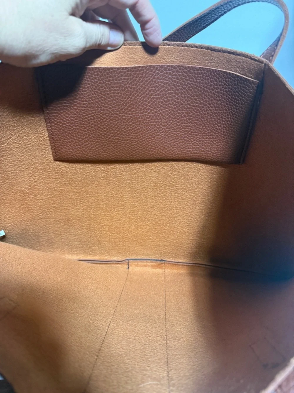Vince Camaro Brown Pebble Leather Tote with Black Center Stripe